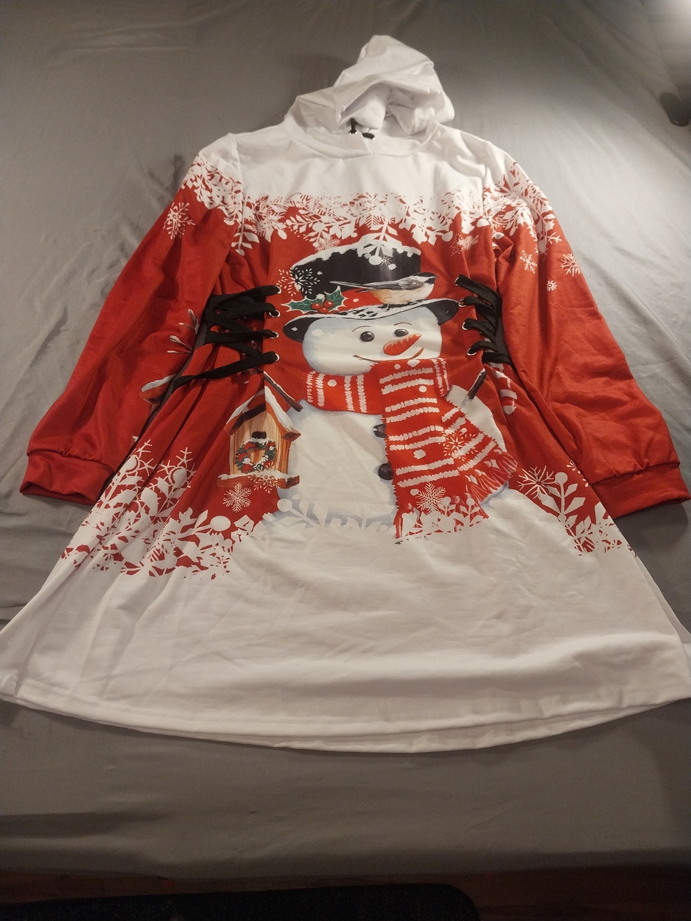 Dressfo Christmas Snowman Lace Up Hoodie Dress in red and white #321